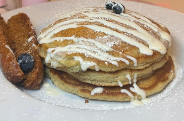Vegan Blueberry Donut Pancakes.